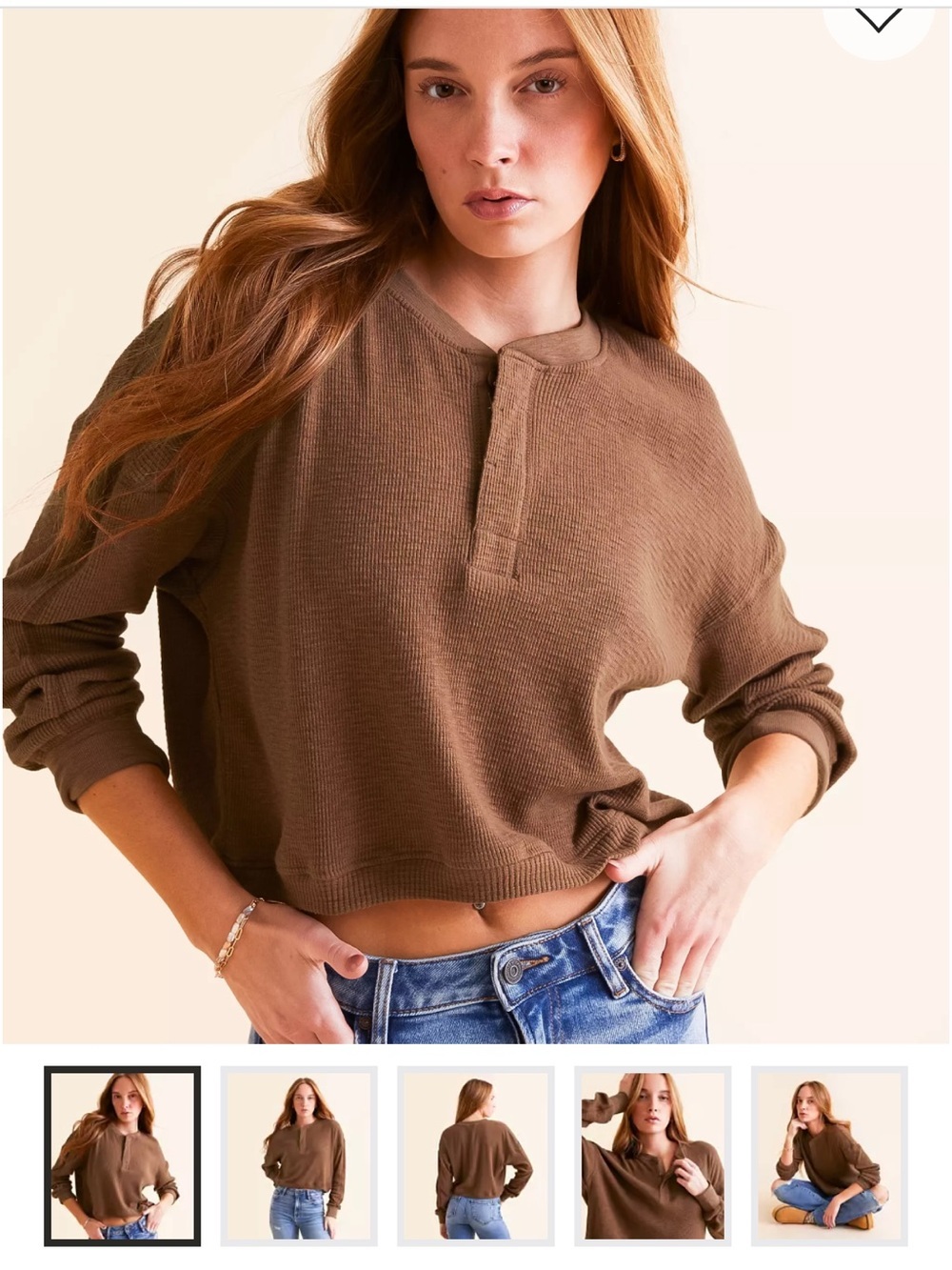 Fitz + Eddi Cropped Thermal Henley Pullover in Rich Brown, Medium